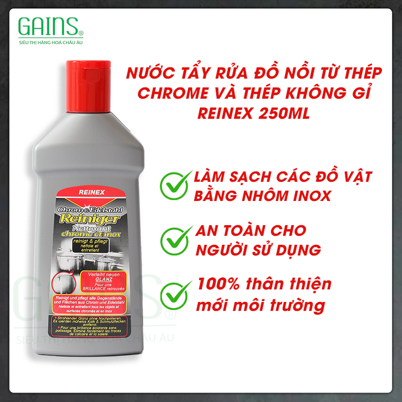 Dung dịch chuyên tẩy rửa đồ thép không gỉ & chrome REINEX  250 ml