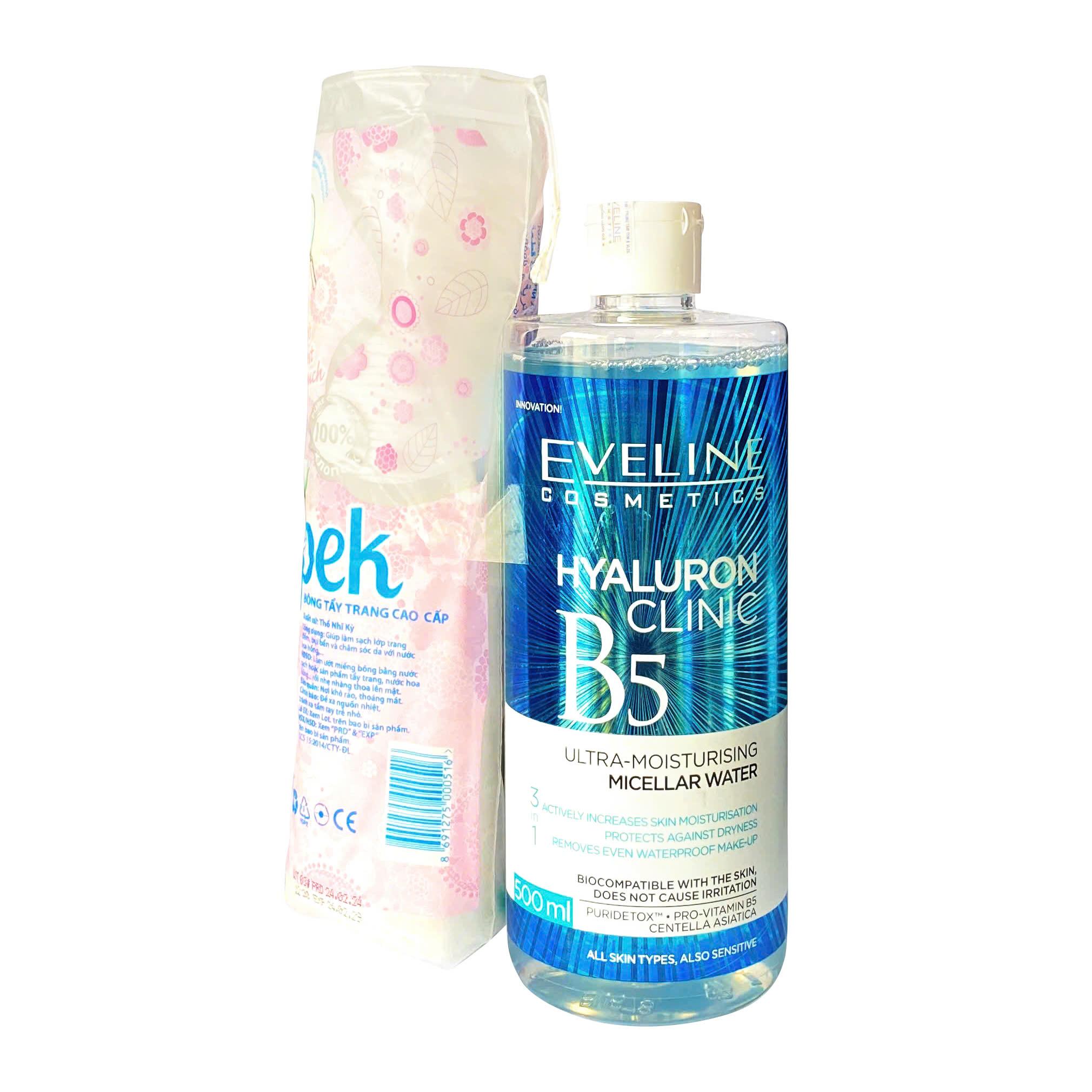 [TẶNG KÈM BÔNG TẨY TRANG IPEK] Nước Tẩy Trang Eveline Hyaluron Clinic B5 Dưỡng Ẩm Da - 500ml 