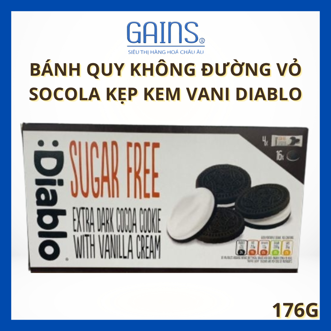 BÁNH QUY KHÔNG ĐƯỜNG VỎ SOCOLA KẸP KEM VỊ VANI DIABLO 176G – NGỌT NGÀO CHUẨN ÂU, KHÔNG LO TĂNG ĐƯỜNG