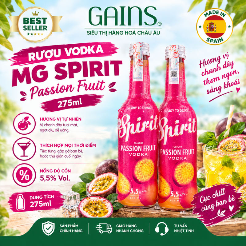 Rượu MG Spirit - Vodka Passion Fruit 5.5%vol 275ml (24 chai/thùng)